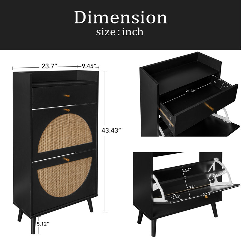 Rattan, Allen 2 Door 1 Drawer Cabinet, Shoe Rack, Double Layer, Suitable For Entrance, Black