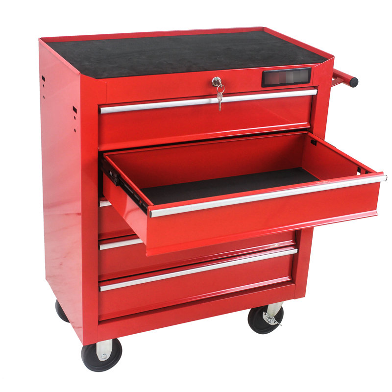 5 Drawer Garage Toolbox With Lock And Movable - Red Steel For Space Saving 5 Tool Cabinet Locking Manoeuvrable Wheels Storage In