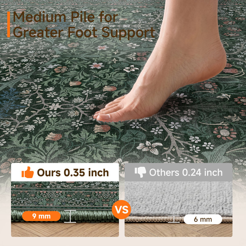 Tapis floral lavable à la machine avec envers antidérapant Alora, Vert, 0.35", Rectangle 5 pi x 7 pi