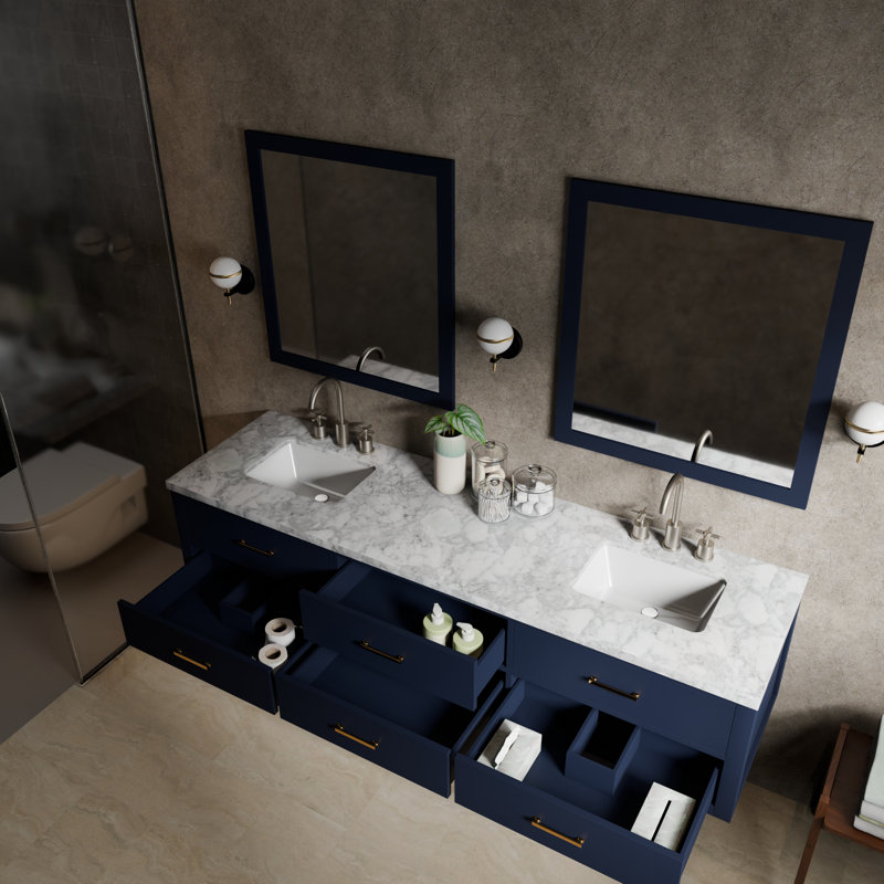 Ensemble de meuble-lavabo double 80 po, Bleu, Marbre de Carrare blanc