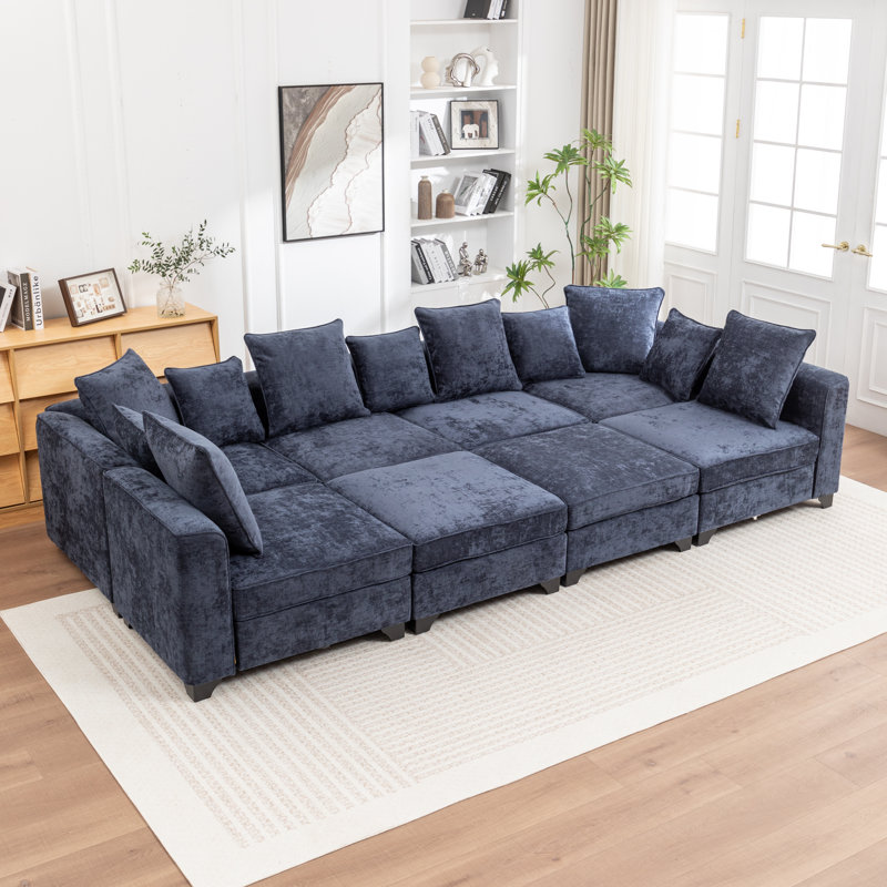Bennett 8-Piece Upholstered Sleeper Sectional, Blue Chenille