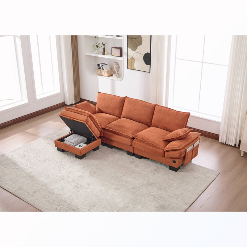 Upholstered Sectional Sofa with Ottoman and USB ports, Orange Corduroy, 33.07" H x 102.36" W x 51.97" D