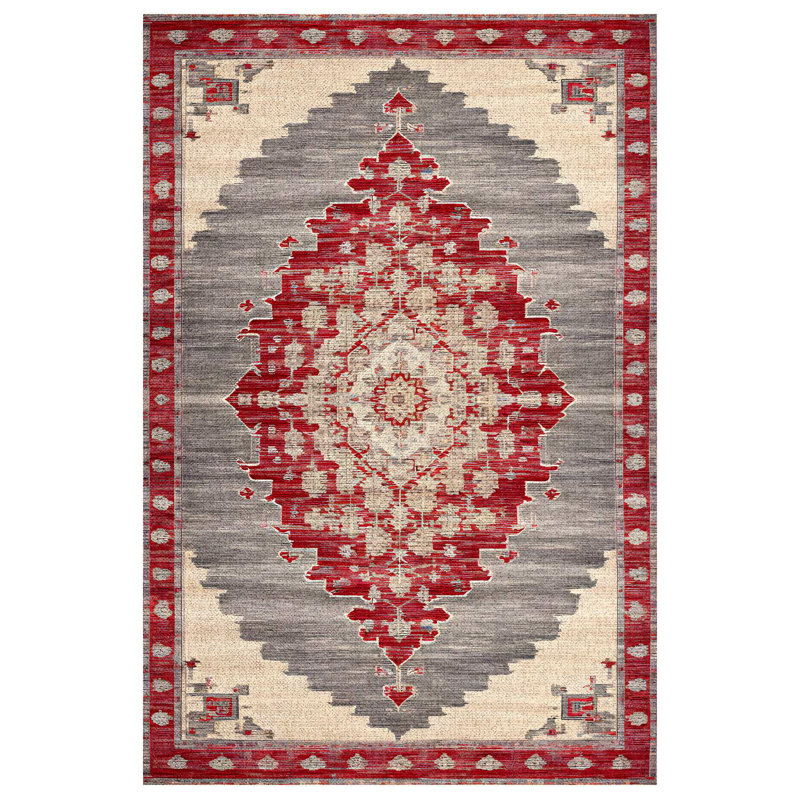 Marisol Burgundy Beige Gray Oriental Machine Printed Cotton Polyester Area Rug, Runner 3'4" x 16'5"