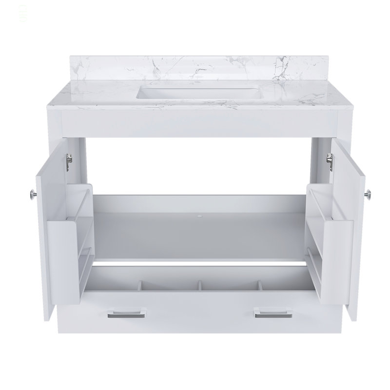 Modern 43"Bathroom Vanity with Artificial marble Carrara  top Set , Multi-functional Bathroom Cabinet with Doors and Drawer, Solid Frame and MDF Board (single faucet hole)