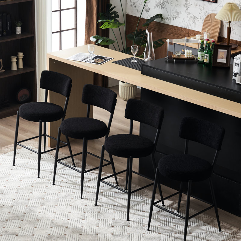 Modern Of 2 Black Bar Stools, Metal Structure, Ergonomic Support, 25 - Inch Seat, Good For Kitchen And Hotel Counters Stools With Fabric Upholstery, 2, Solidly Welded Footrest, , Easy To Install,