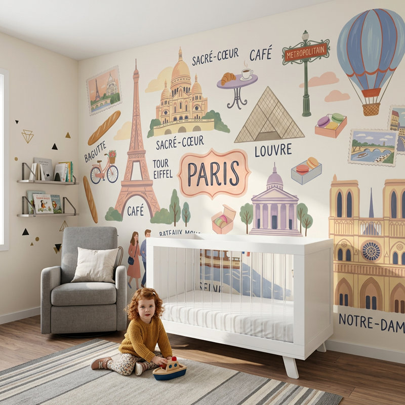 Papier peint montgolfière tour Eiffel amovible, Texturé non collé, 100 po x 96 po