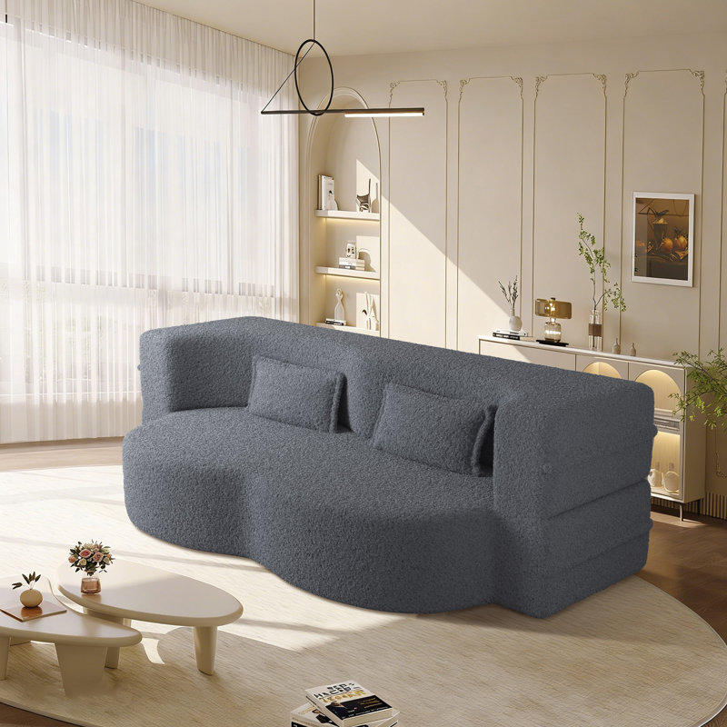 Evren Boneless Modern Minimalist Compression Convertible Floor Sofa Bed with Pillows, Teddy Gray, 30" H x 78" W x 45" D