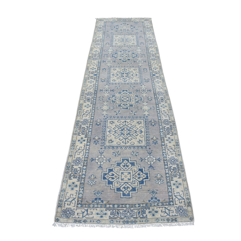 Tapis de tapis décoratif couloir gris de conception unique 2 pi 6 po x 9 pi 7 po noué à la main new age kazak
