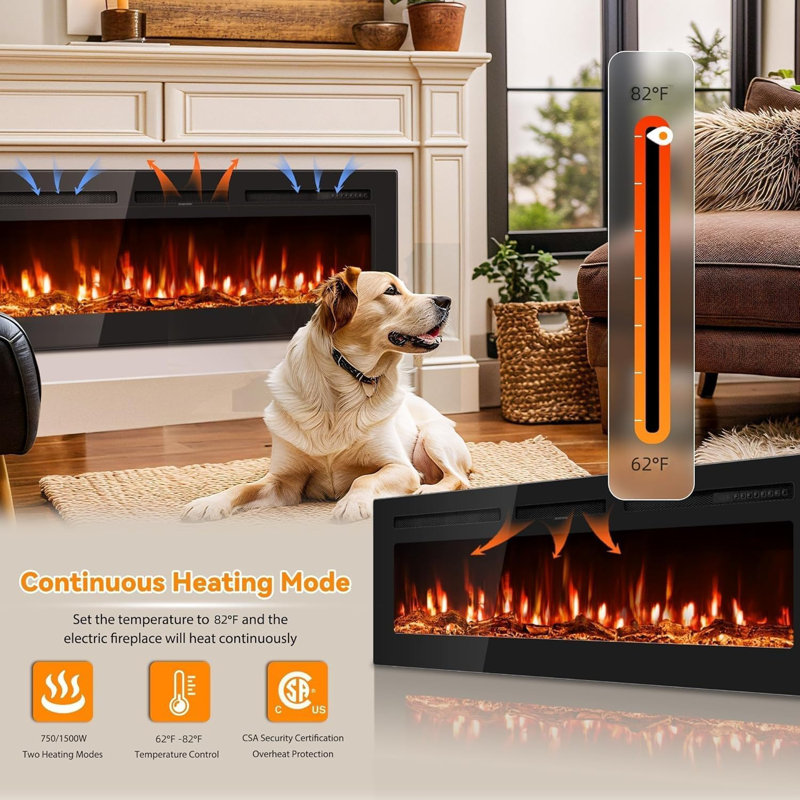 50" -Thin Built-In Electric Fireplace with Flame & Remote, Overheat Protection