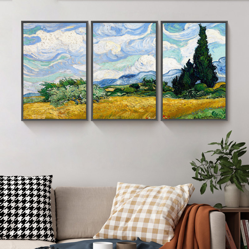 «Wheat Field With Cypresses» par Vincent Van Gogh - Ensemble de 3 reproductions de cadres photo sur toile, Noir