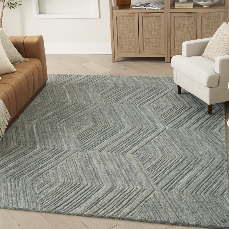 Ebern Designs Atyana Blue Modern Indoor Wool Rug, Rectangle 7'9" x 9'9"