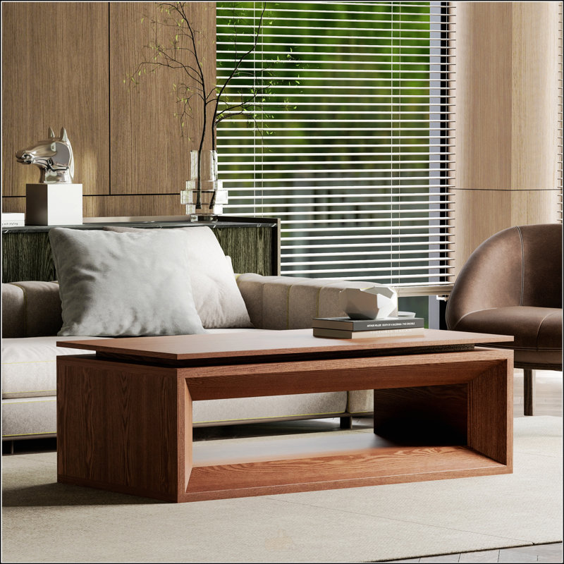 Table basse à plateau relevable avec rangement et hauteur réglable, placage en bois massif, parfaite pour les espaces de vie modernes