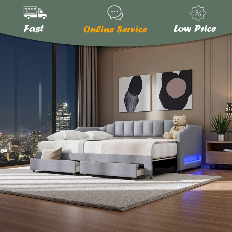 Twin XL Size Extendable Upholstered Daybed With Two Storage Drawers And LED Light,Twin XL To King Daybed, Gray