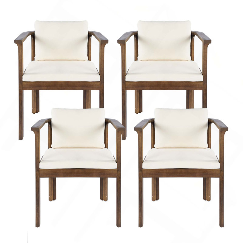 Ensemble de chaises de salle à manger d'extérieur en bois avec accoudoirs courbés et coussins confortables pour le patio, 4
