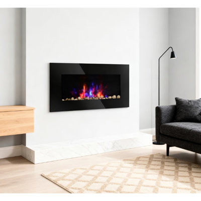 Foyer électrique mural avec fond 7 couleurs et flamme, puissance calorifique 725W / 1450W, verre en métal, couvre 161 400 pieds carrés Ft, arrêt automatique des couleurs de flamme réglables, réglages, pour économiser de l'espace, Ft