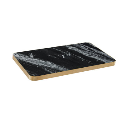 24 po x 24 po, plateau de table en pierre frittée noire avec veines de marbre blanc dramatique et bordure en aluminium doré, pour une utilisation intérieure / extérieure
