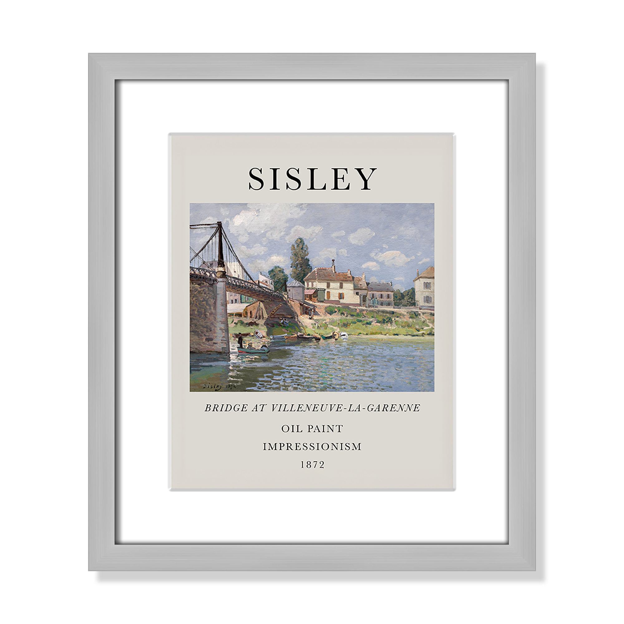 Old Masters Collection " The Bridge At Villeneuve " by Alfred Sisley, 15" H x 13" W x 1.25" D, Silver Single Picture Frame