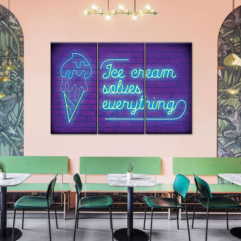 Aliments et boissons, typographie, crème glacée résout tout le néon sur toile, 3 pièces, H 38 po x l 24 po x P 1,25 po