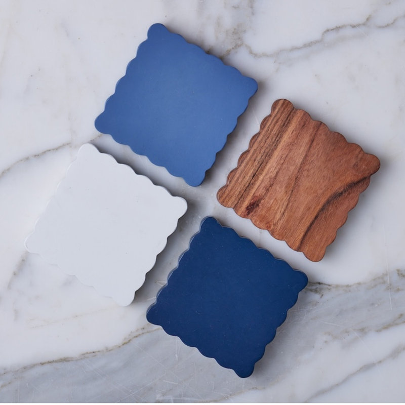 Scalloped Wood Coasters, Square, Natural/White/Blue