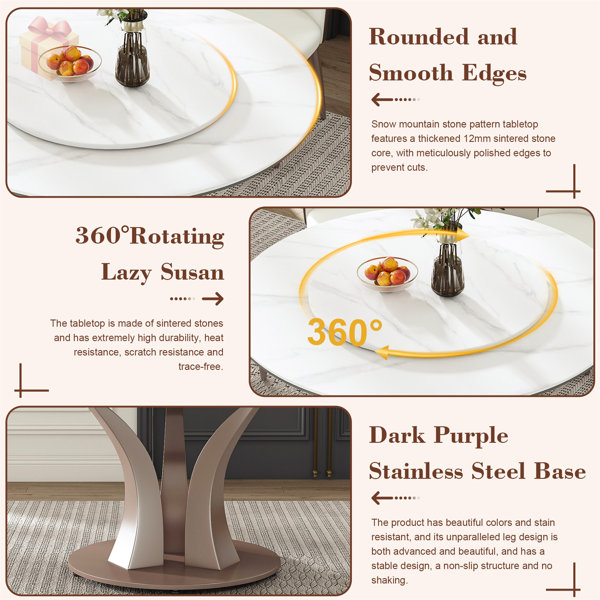 Brayden Studio Round Sintered Stone Dining Table with Rotating Tray ...
