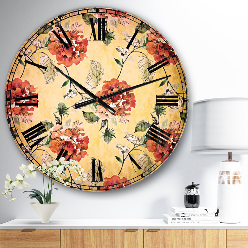 Rose rouge sur fond jaune - horloge murale traditionnelle, Moyen