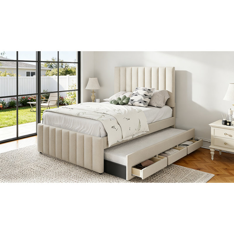 Full Size Upholstered Platform Bed with Twin Size Trundle and 3 Drawers,Linen Fabric, Beige