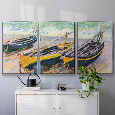Trois bateaux de pêche à l'Eretrat par Monet, reproduction sur toile 3 pièces