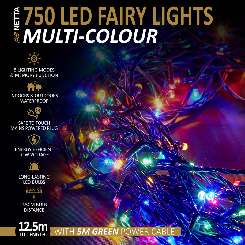 NETTA Fairy String Lights with 8 Different Modes - 750 LED / 18.75M Lit-Length, Blue/Red/Yellow