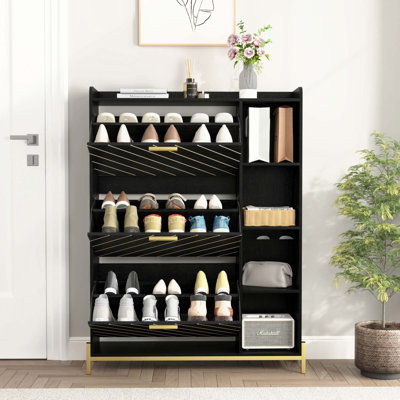 Range-chaussures avec 3 tiroirs rabattables et tablettes ouvertes, armoire de rangement pour chaussures moderne et étroite, étagère à chaussures étroite
