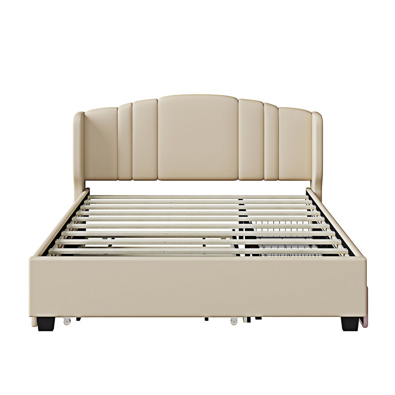 Lit plateforme tapissier avec lit gigogne simple et 2 tiroirs, Beige