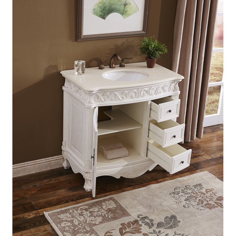 Ensemble de meuble-lavabo simple 36 po Aurillac, Blanc antique, Marbre de couleur crème