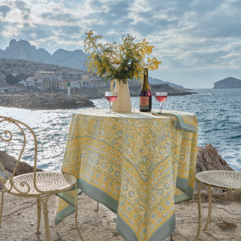 La Mer Handmade Floral Tablecloth, 90" Square, Yellow/Teal
