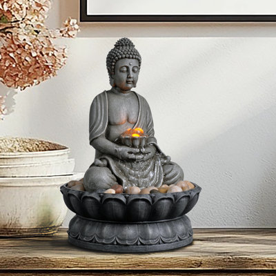 Buddha Tabletop Water Fountain with Warm LED Light & Natural River Stones, Indoor Zen Waterfall Fountain for Office Desk, Living Room & Meditation Decor, 11.2"H