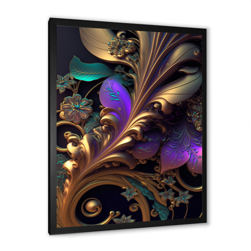 Fleurs abstraites ornées en mauve et or V - art mural floral, H 40 po x l 30 po x P 1,5 po, Toile avec cadre photo noir