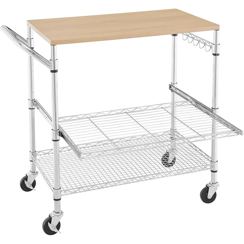 Chariot de cuisine roulant avec plateau en bois, îlot de cuisine sur roulettes avec tablette coulissante et crochets, support pour micro-ondes et chariot à café pour le rangement de la cuisine