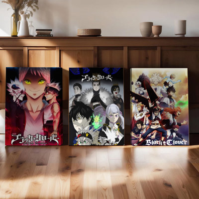 Ensemble de 3 affiches encadrés, décoration murale sur toile Black Clover (anime) avec Asta, Yuno et les chevaliers magiques. Impression de haute qualité pour chambre, salon et décoration intérieure. Cadeau idéal pour les amateurs d'anime et de manga.