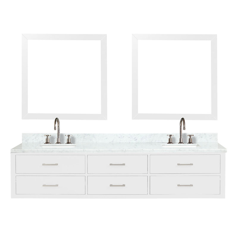 Ensemble de meuble-lavabo double 84 po avec miroir, Blanc, Marbre de Carrare blanc