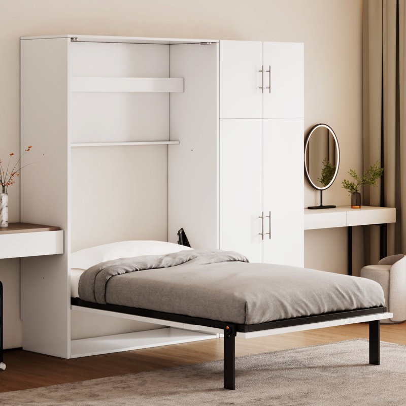Lit escamotable blanc peu encombrant avec casiers et armoires | Lit mural multifonctionnel pour les petites pièces, les espaces invités et les bureaux à domicile