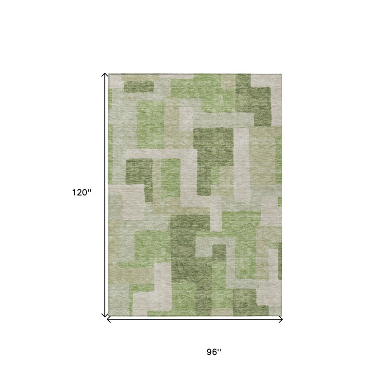 Tapis extérieur lavable à motif géométrique vert 8 pi x 10 pi beige