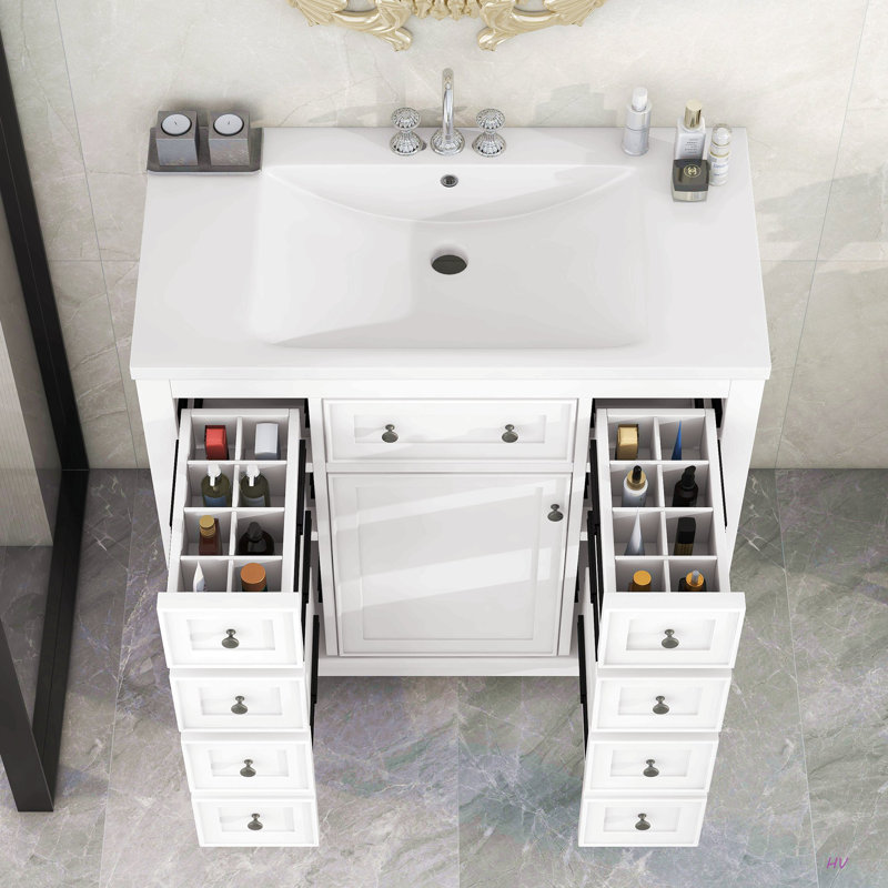 Ensemble de meuble-lavabo 36 po avec lavabo, une armoire et six tiroirs, bois massif et panneau de fibres à densité moyenne