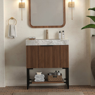 Meuble-lavabo 30 po, armoire de rangement autoportante en contreplaqué rayé avec tiroir et tablette ouverte, comptoir en pierre frittée gris clair et lavabo en céramique encastré, couleur grain de bois noyer foncé pré-assemblé