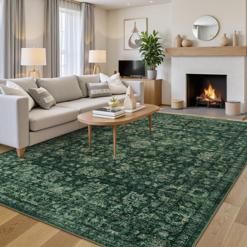 Washable Area Rugs for Living Room Boho Rug for Bedroom, Non-Slip Vintage Floral Carpet, Rectangle 9' x 12'