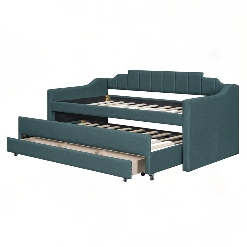 Upholstered Daybed with Trundle and Three Drawers, Green