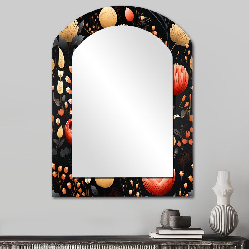 Motif floral Bohemian Bliss - Grand miroir mural arqué sur métal, 34 po x 25 po