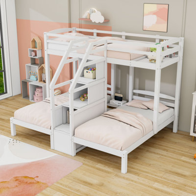 Triple Twin Over Twin And Twin Bunk Bed With Staircase Storage And Bedside Drawer