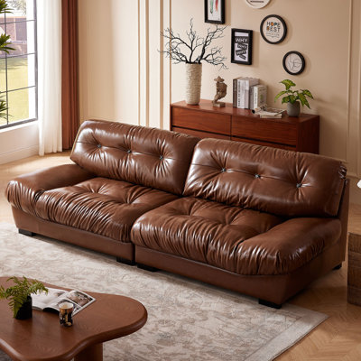 Tyffanie 102.4" Mid-Century Luxury Genuine Leather Sofa Comfy Couch With Armless by 17 Stories