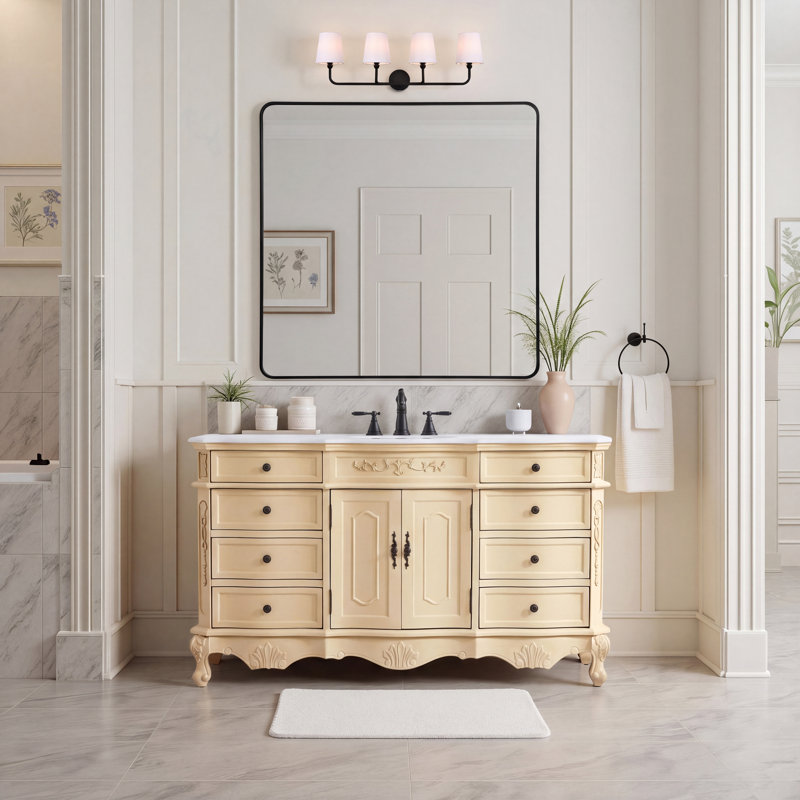 Ensemble de meuble-lavabo simple 60 po Lunette, Blanc ivoire, Beige antique clair