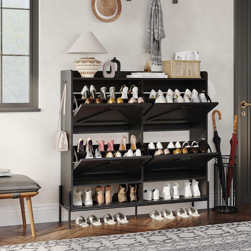 Range-chaussures autoportant avec 4 tiroirs rabattables et crochets, range-chaussures mince en bois avec tablette ouverte pour le vestibule ou le couloir