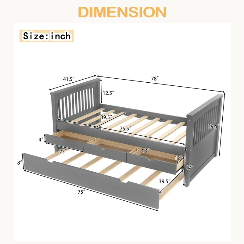 Twin Platform Bed With Drawers And Trundle, Solid Wood Daybed, No Spring Box Needed, Gray