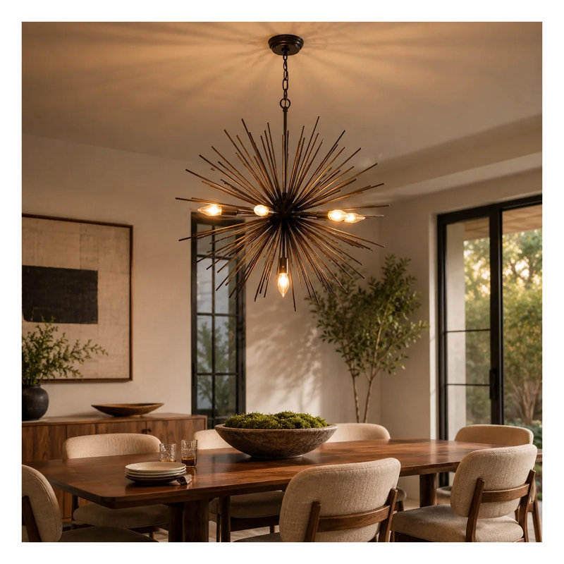 Lustre Sputnik moderne à 7 lumières en métal noir, style étoile, avec chaîne réglable, idéal pour salle à manger ou chambre.
